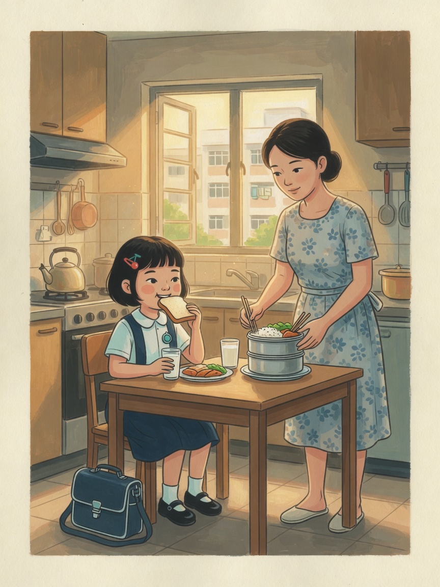 She eats bread and milk.